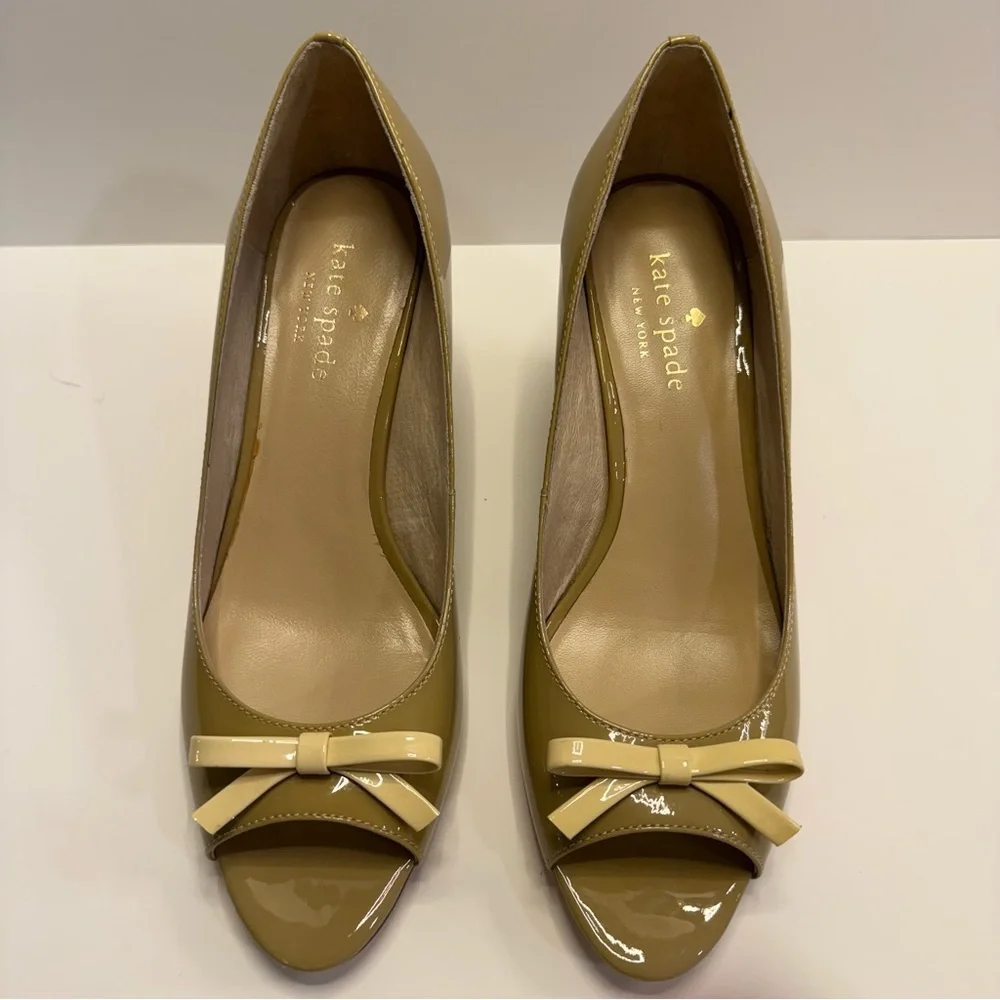 Kate Spade Tracey Nude Patent Peep Toe Wedge Bow Shoes Women’s 6 - Picture 1 of 10